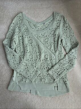 Anthropologie Knitted & Knotted Open-Knit Scoop Neck Sweater in Pale Green Small